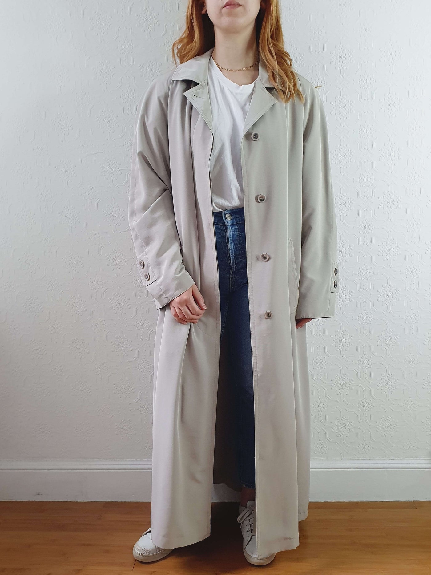 Vintage Grey Single Breasted Long Trench Coat - L