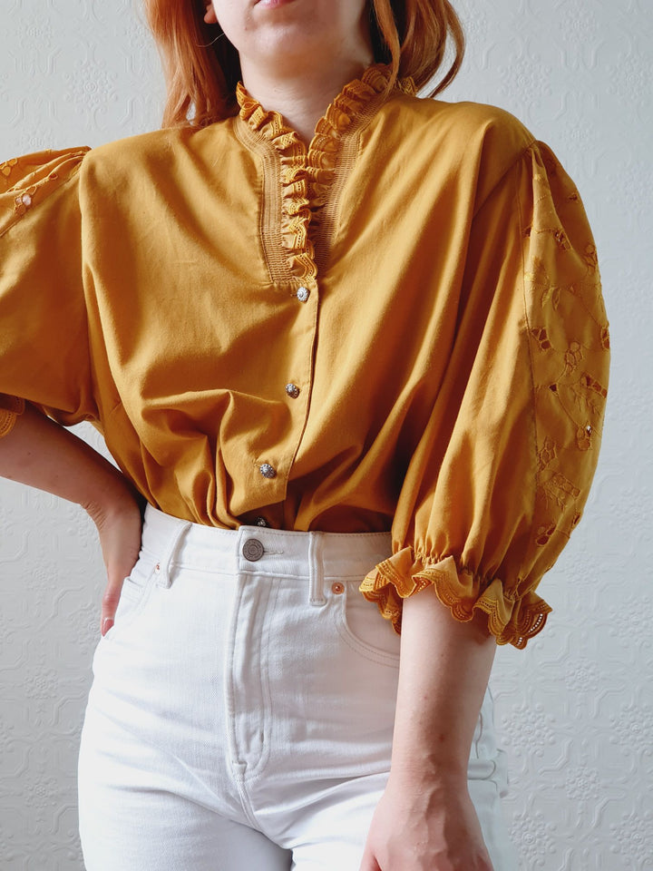 Vintage Mustard Austrian Dirndl Blouse with Puff Sleeves - XL