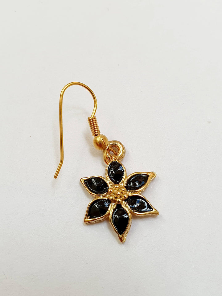 Vintage Gold Plated Black Enamel Drop Flower Earrings