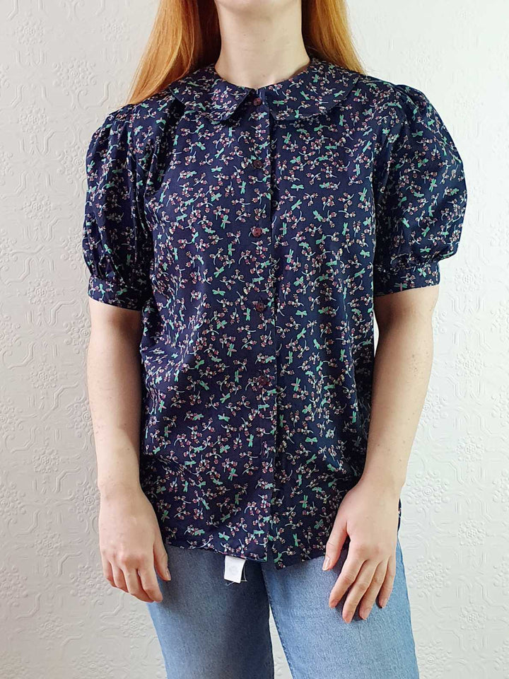 Vintage Navy Floral Puff Sleeve Cotton Blouse - S/M