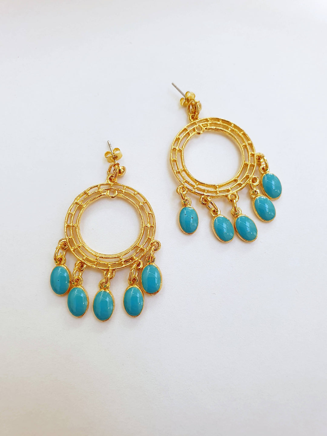 Vintage Gold Plated Boho Drop Earrings with Turquoise Details