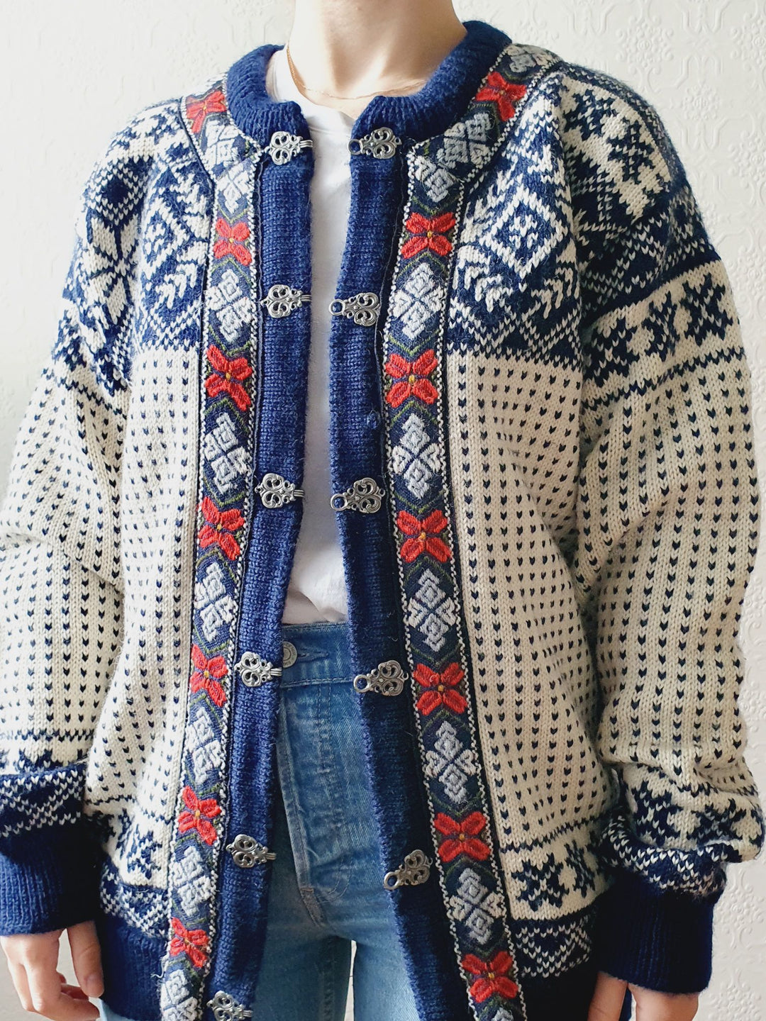 Pure Wool Navy Norwegian Cardigan - M