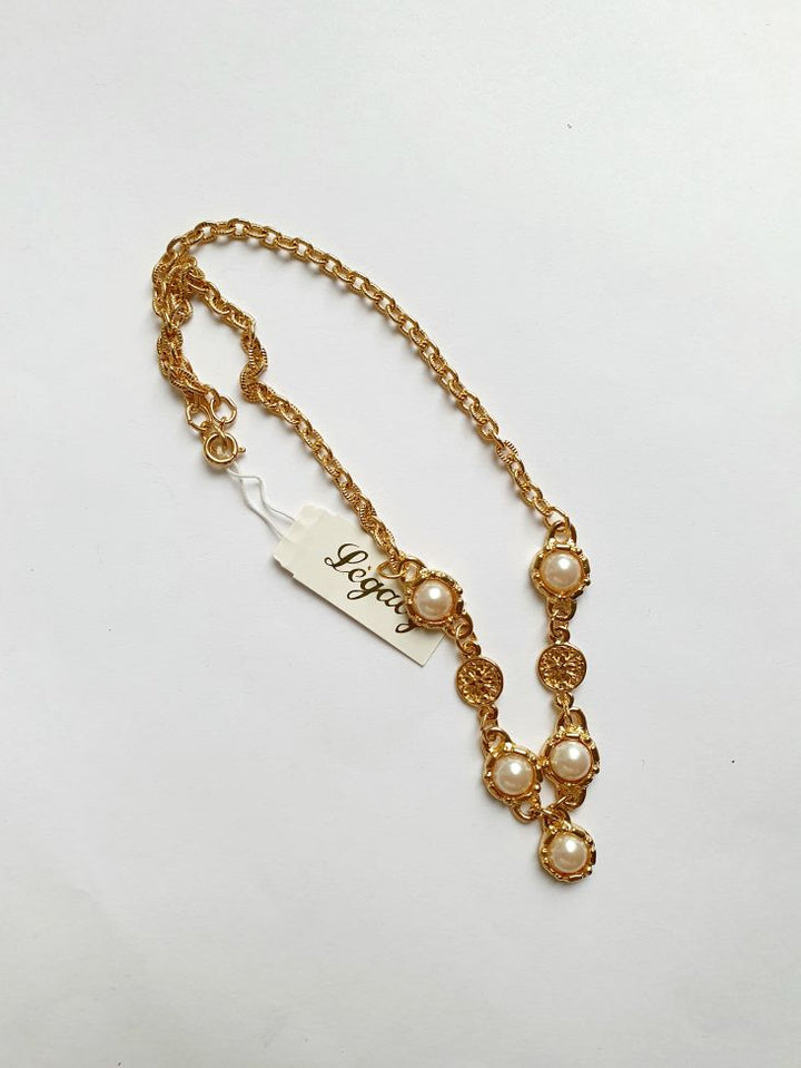 Vintage Gold Plated Statement Chain Necklace with Pearl Charm by Legacy