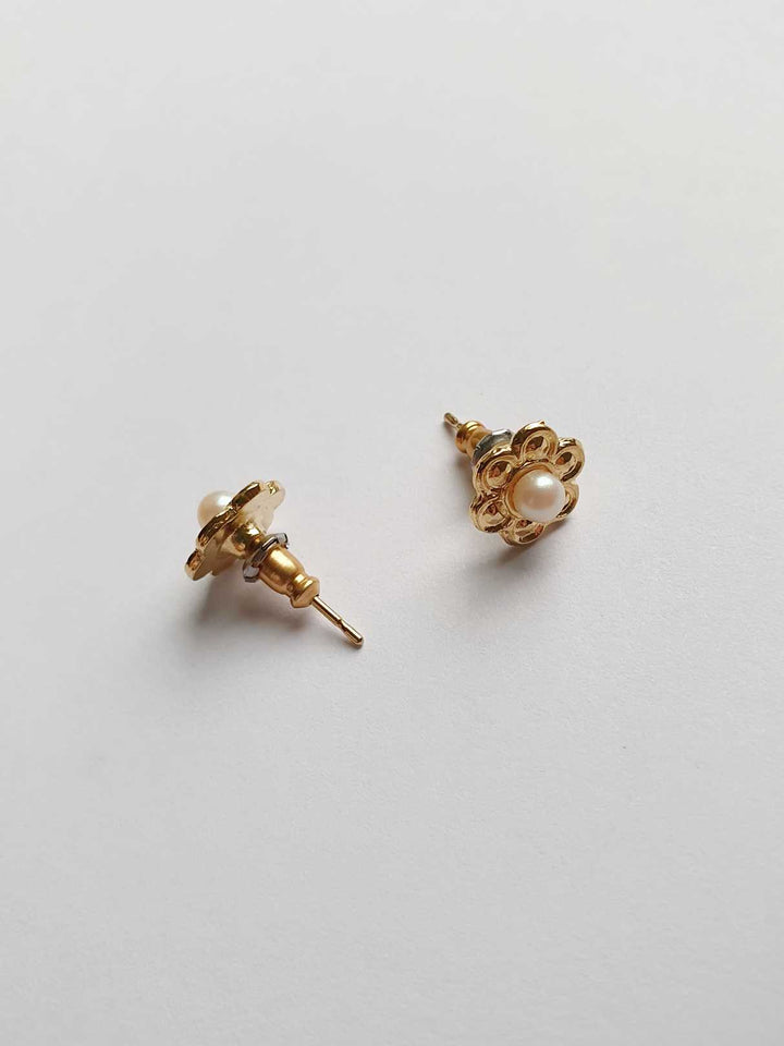 Vintage Gold Plated Flower Stud Earrings with Faux Pearl