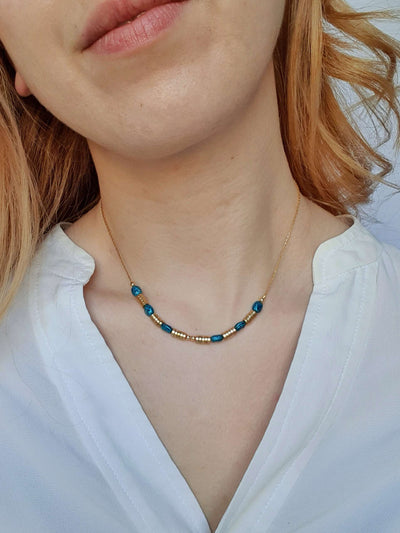 Vintage Gold Plated Fine Chain Necklace with Beads - Blue