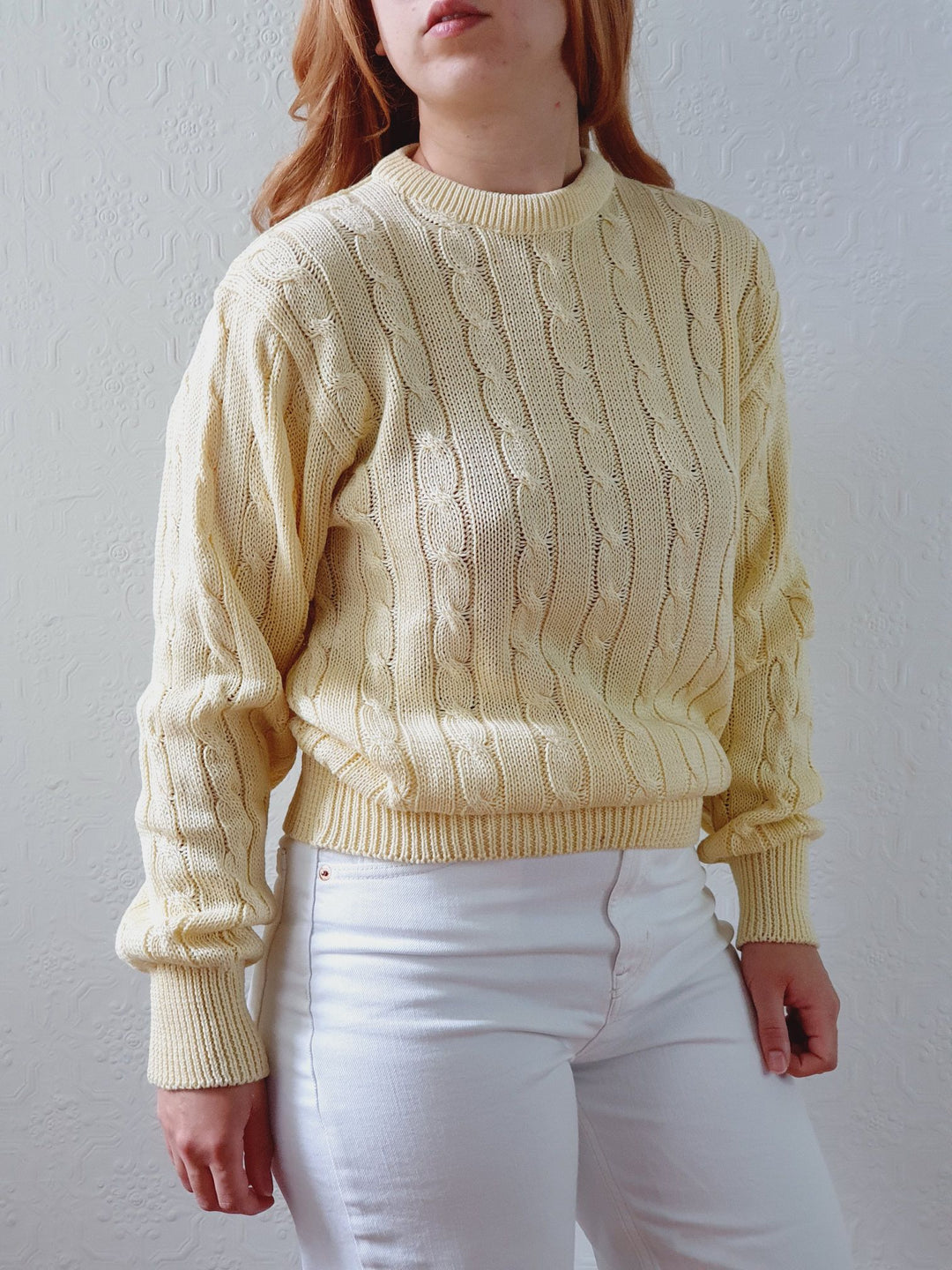 Vintage Pale Yellow Cable Knit Cotton Jumper - M