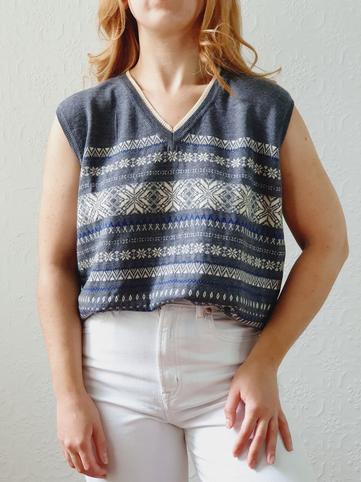 Vintage Grey Fairisle Wool V-Neck Vest - M