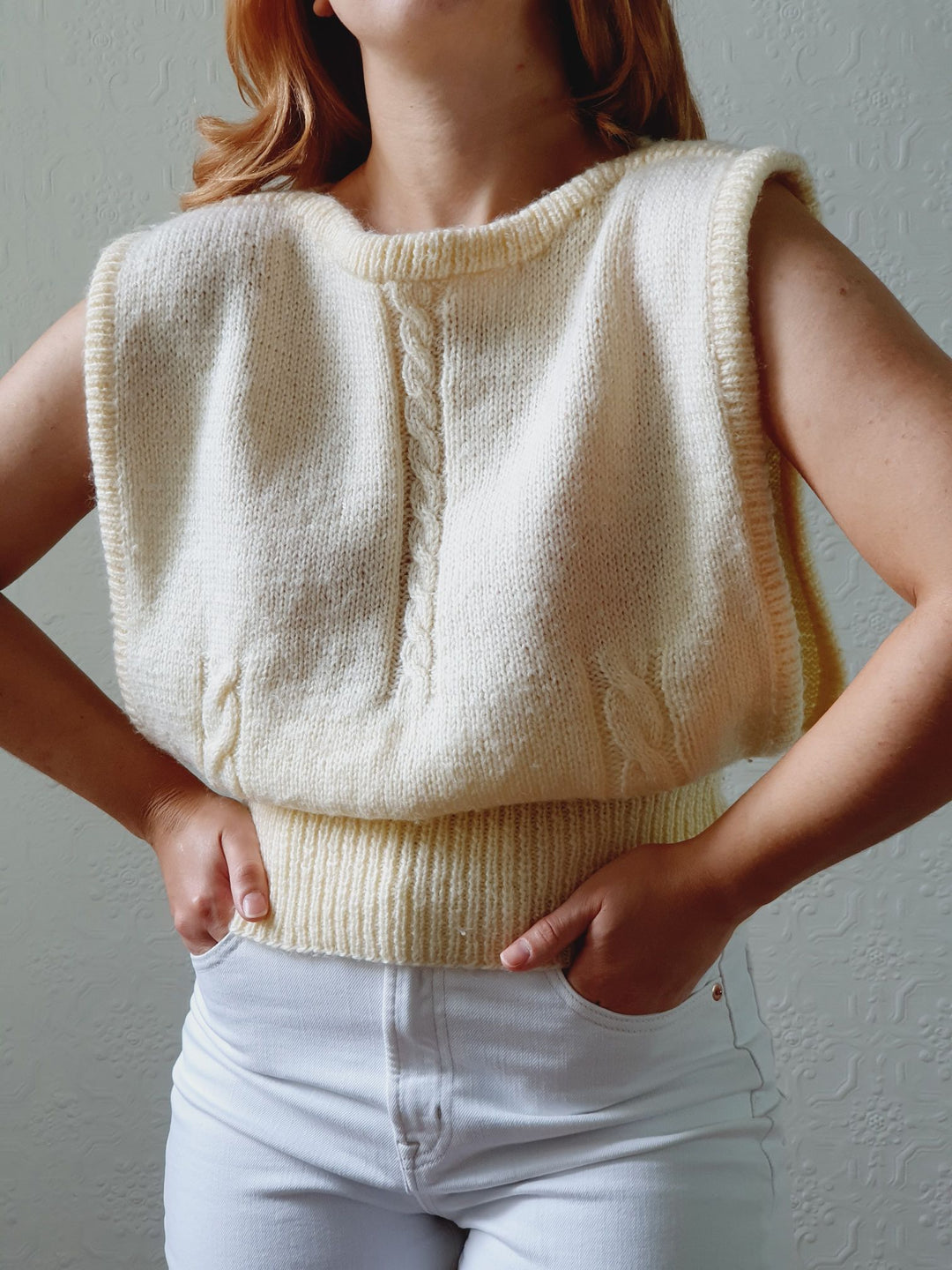 Vintage Cream Handknitted Sleeveless Crew Neck Vest - S/M/L