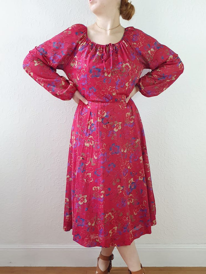 Vintage 80s Red Floral Dress with Long Balloon Sleeves - M