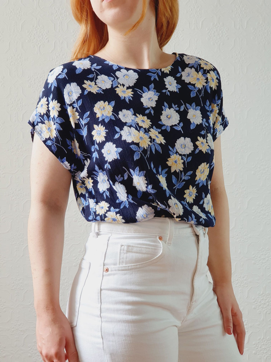 Vintage 90s Navy Floral Blouse - S/M