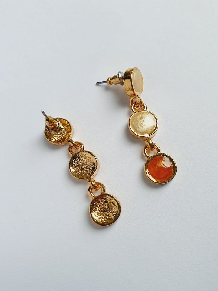 Vintage Gold Plated Drop Earrings with Copper & Beige Enamel