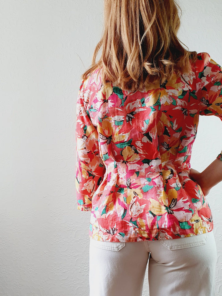 V-Neck Pink Floral Linen Blouse - S