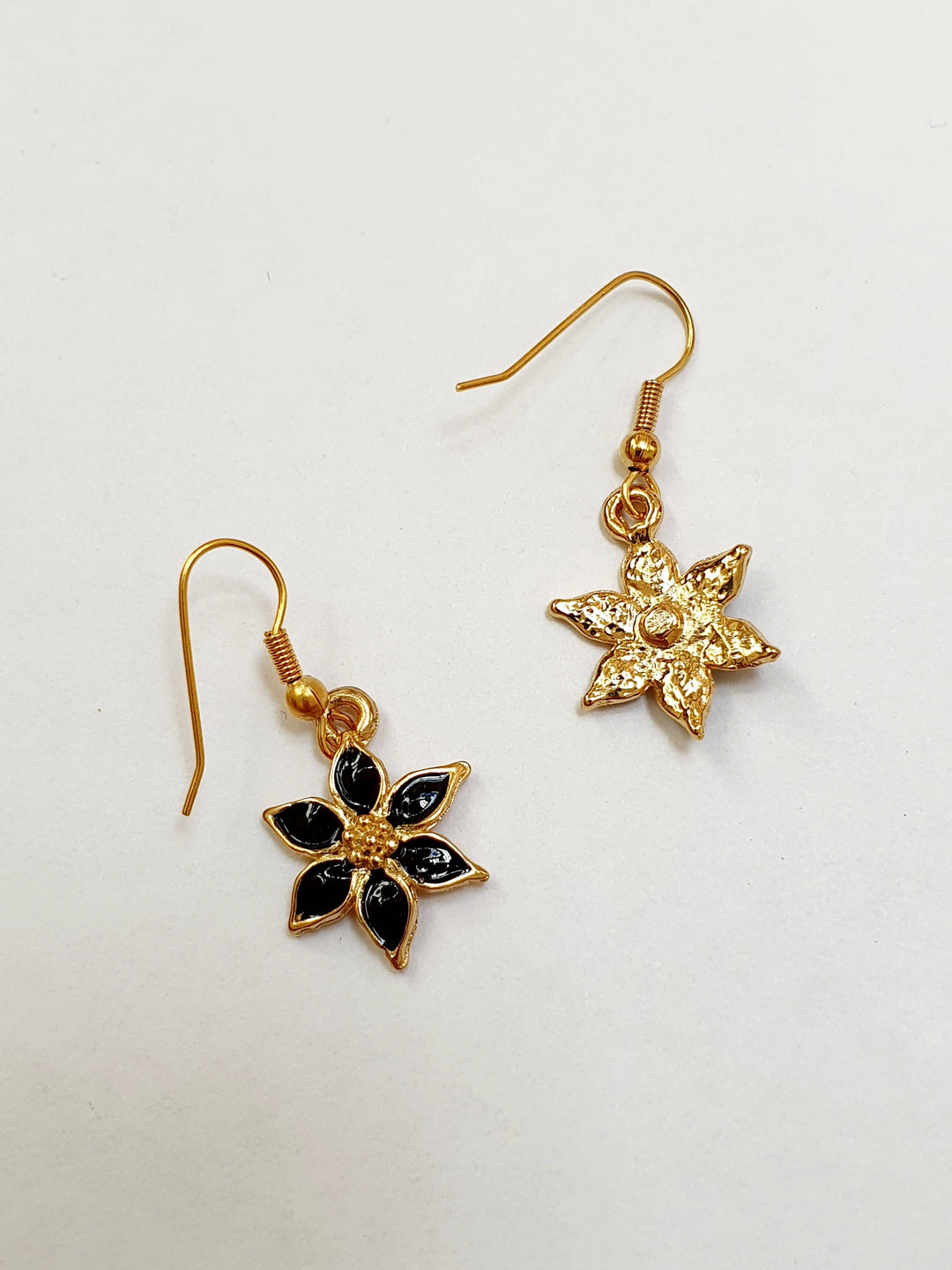 Vintage Gold Plated Black Enamel Drop Flower Earrings