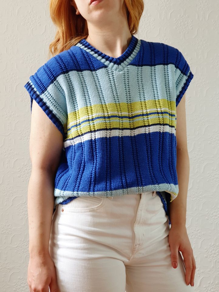 Vintage Blue & Green Striped Cotton V-Neck Vest - L/XL