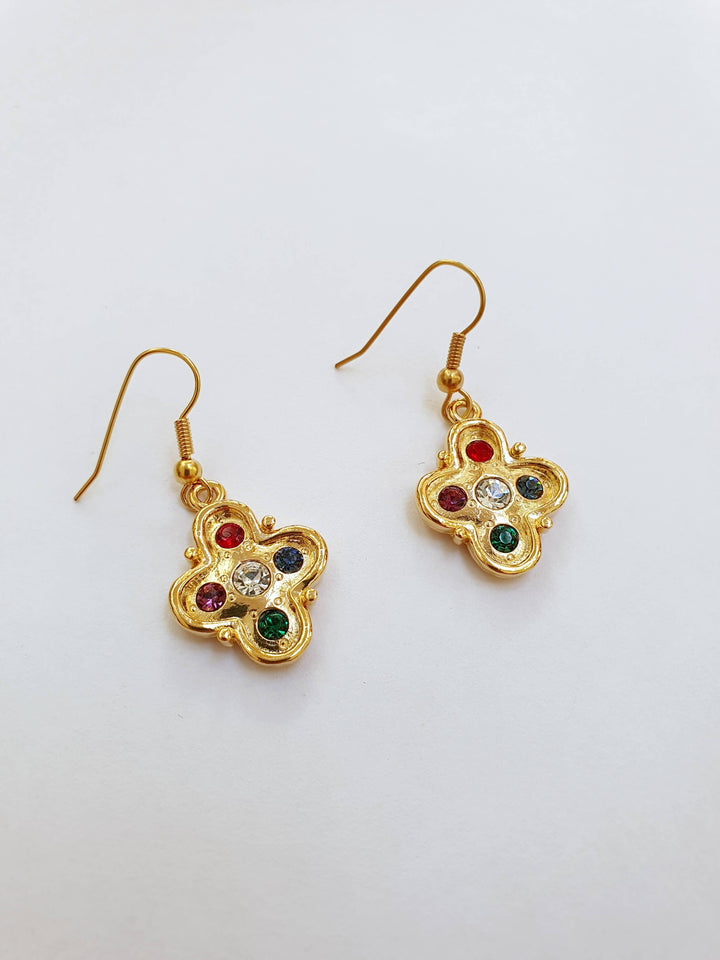 Vintage Gold Plated Drop Cross Earrings with Colourful Crystals