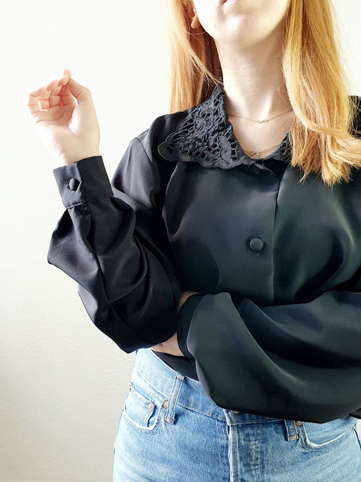 Vintage Black Collared Blouse - XL