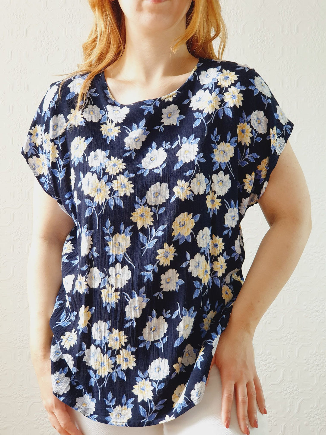 Vintage 90s Navy Floral Blouse - S/M