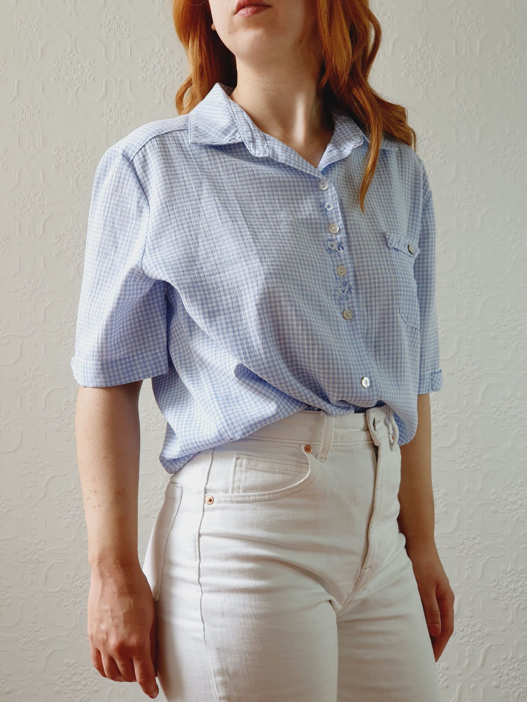 Vintage 80s Blue & White Gingham Short Sleeve Blouse - M/L