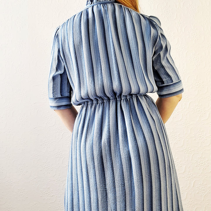 Vintage 100% Silk Blue Striped Dress - M