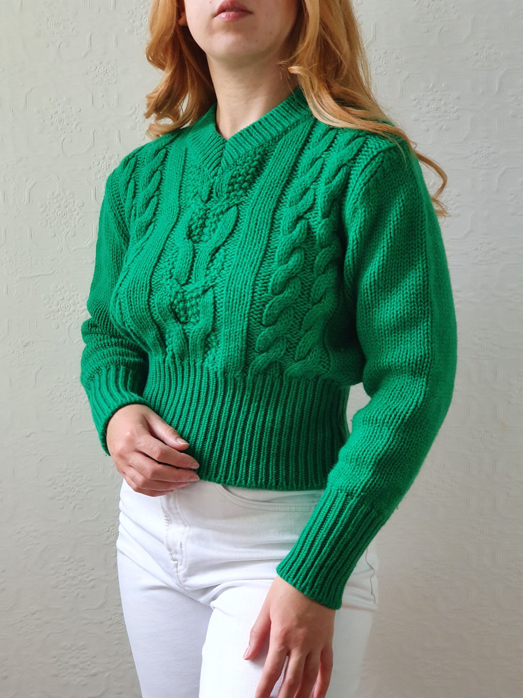 Vintage V-Neck Wool Green Aran Jumper - S