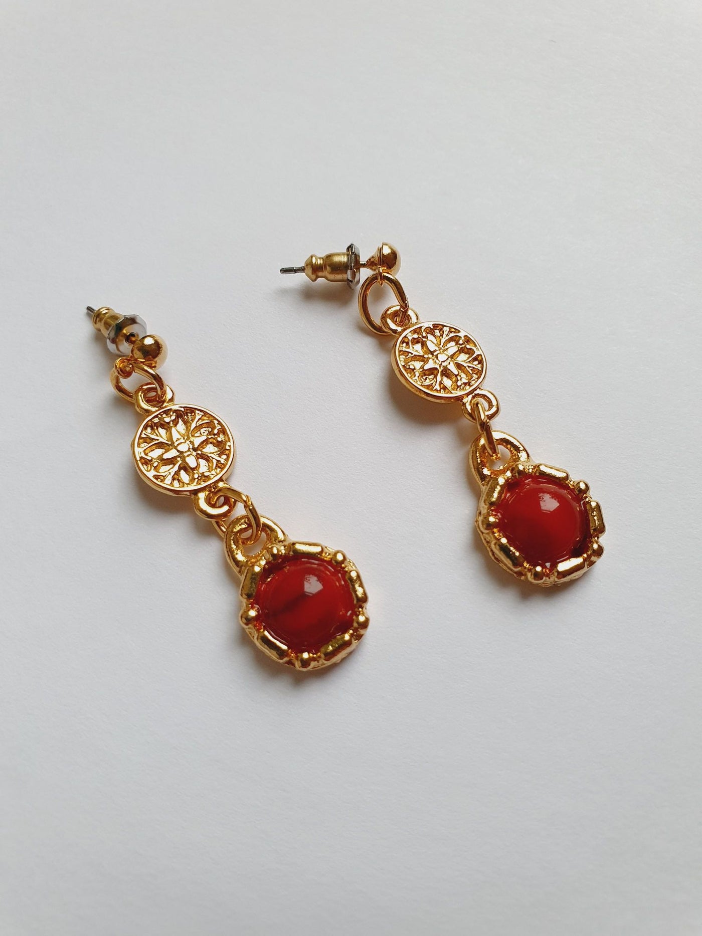Vintage 80s Gold Plated Textured Drop Earrings with Red Charm