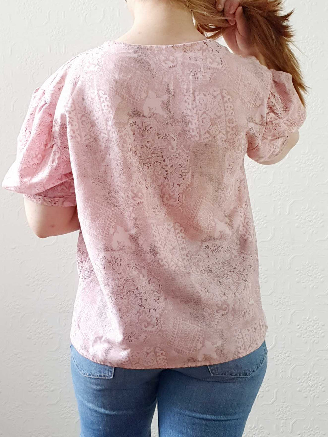 Vintage Pink Puff Sleeve V-Neck Blouse - M/L