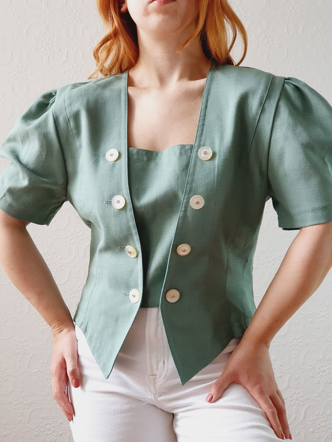 Vintage 80s Muted Green Puff Sleeve Blouse with Square Neckline - M