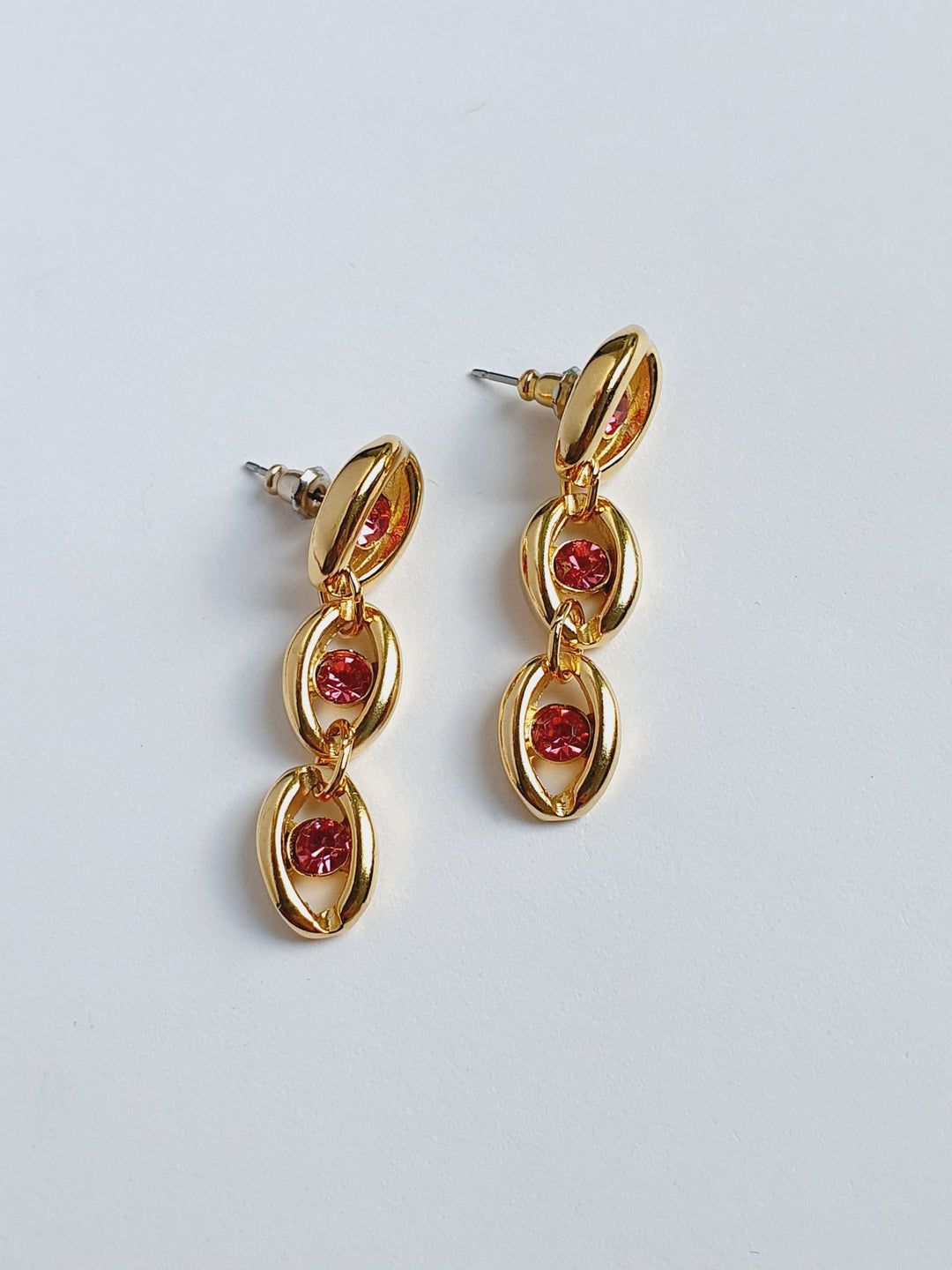 Vintage 80s Gold Plated Drop Earrings with Pink Crystals