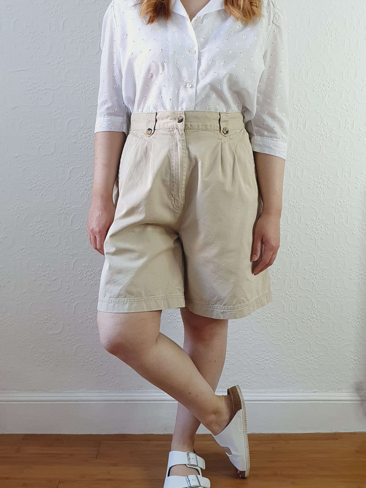 Vintage Cotton Light Beige High Waisted Shorts - M/L