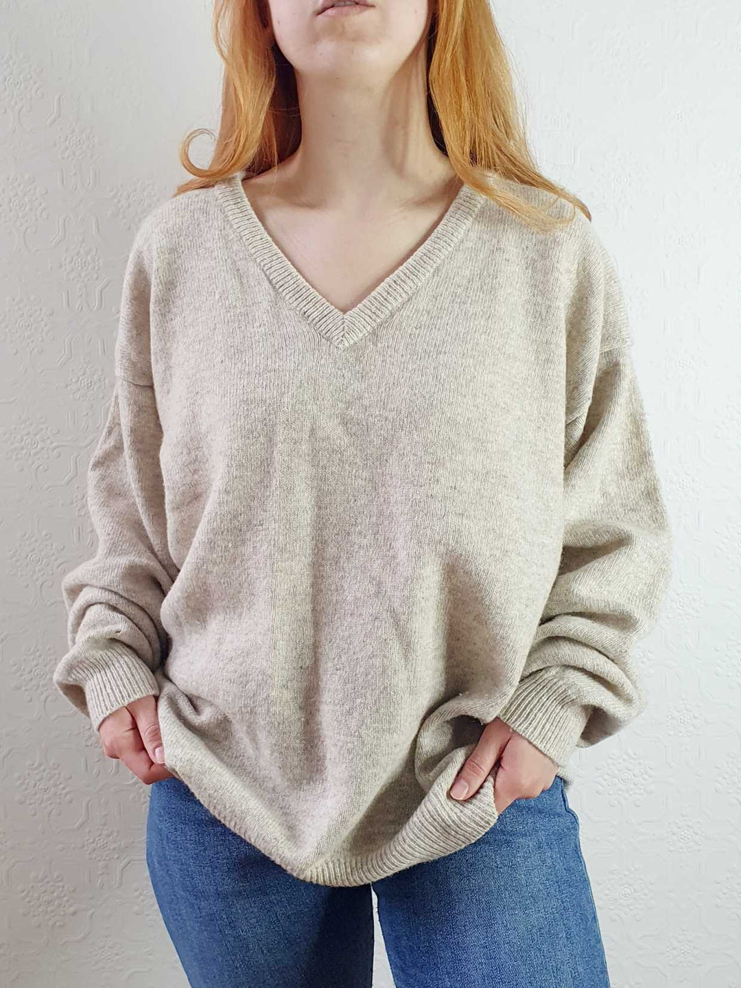 Vintage Pure Wool Beige V-Neck Jumper - XXL