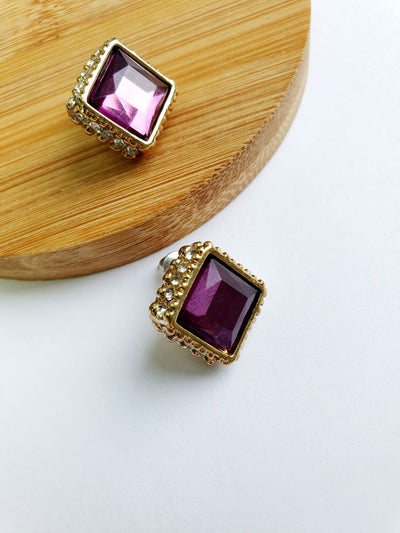 Vintage Gold Toned Purple Crystal Stud Earrings