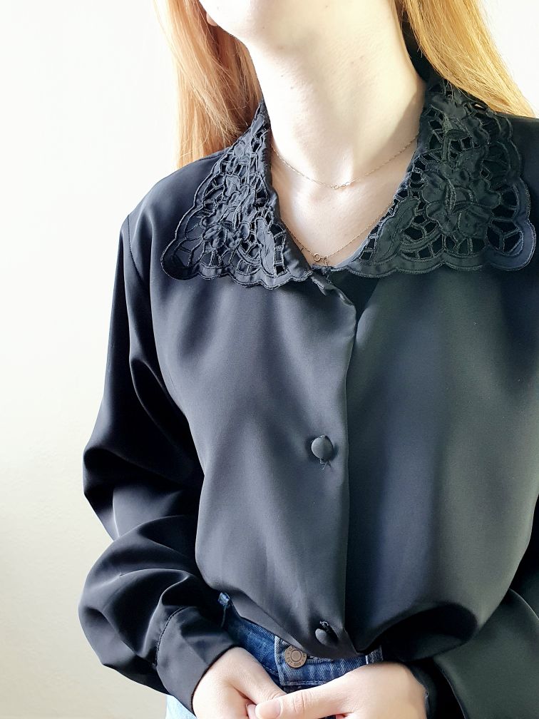 Vintage Black Collared Blouse - XL