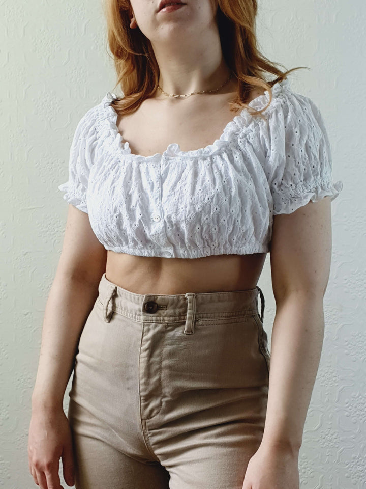 Vintage White Cotton Broderie Anglaise Cropped Top - S/M