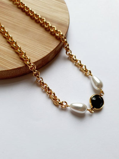 Vintage Gold Plated Chain Necklace with Pearls & Black Crystal
