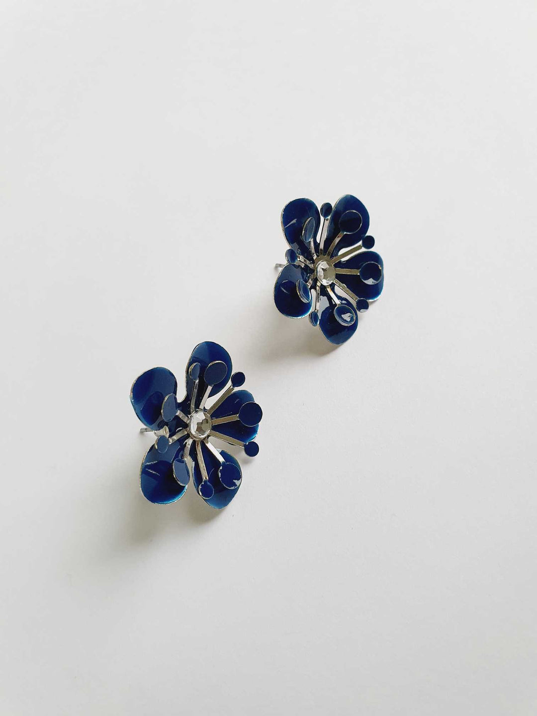 Vintage Silver Toned Blue Flower Stud Earrings