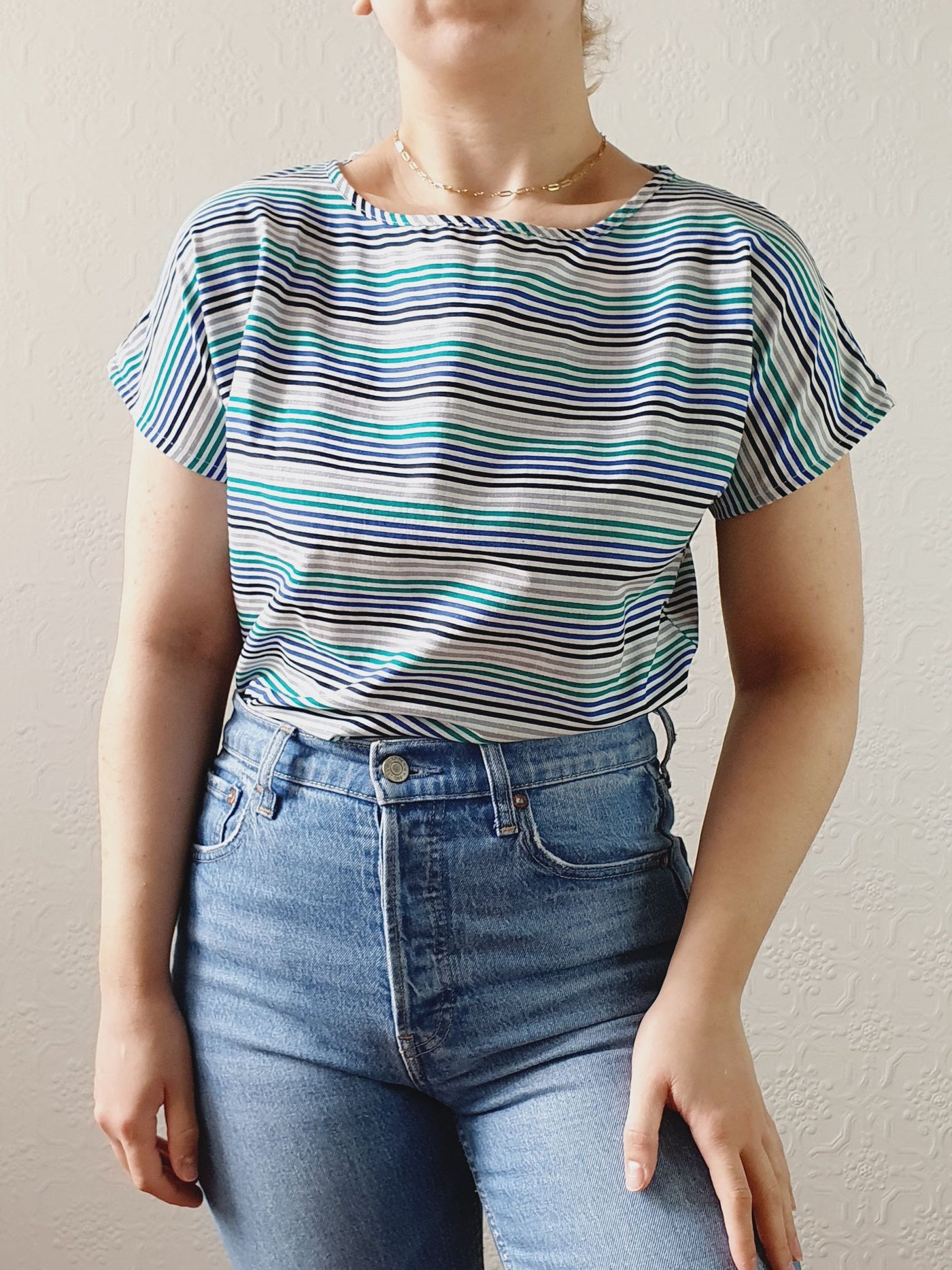 Vintage 80s Blue & Green Striped Tee with Batwing Short Sleeves - S