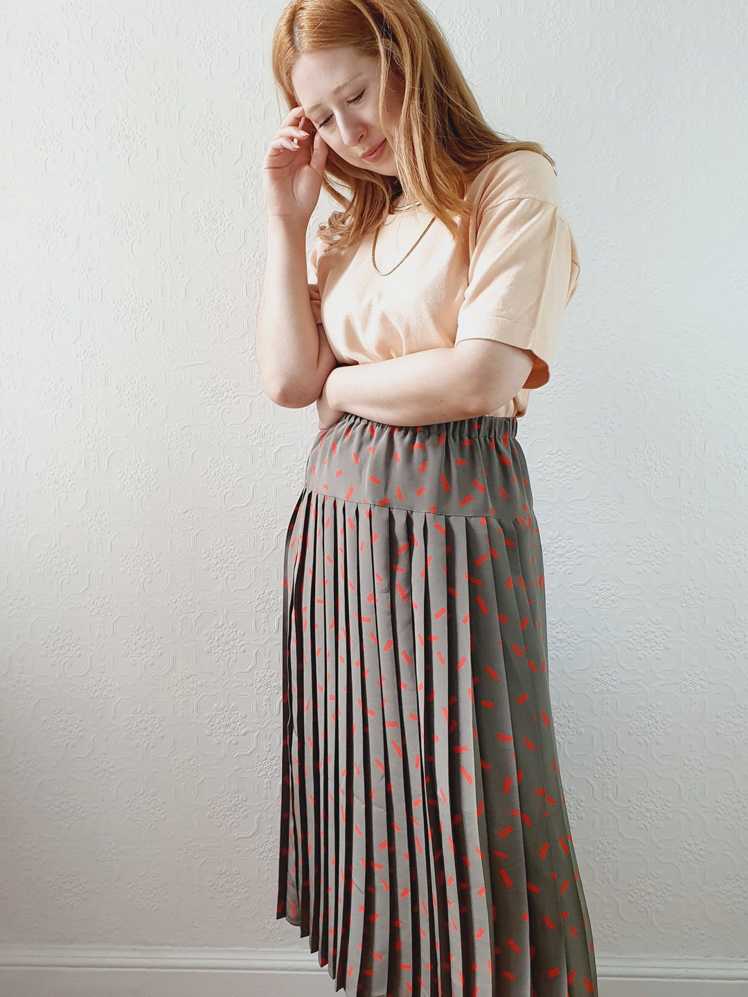 Vintage Khaki Pleated Skirt - S/M