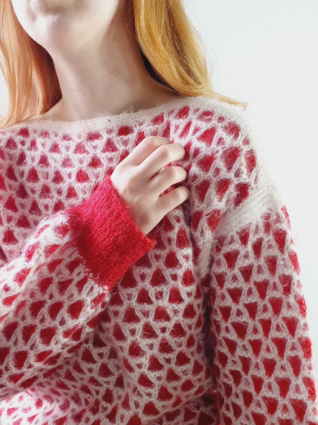 Vintage Red and White Boat Neck Angora Jumper - L/XL