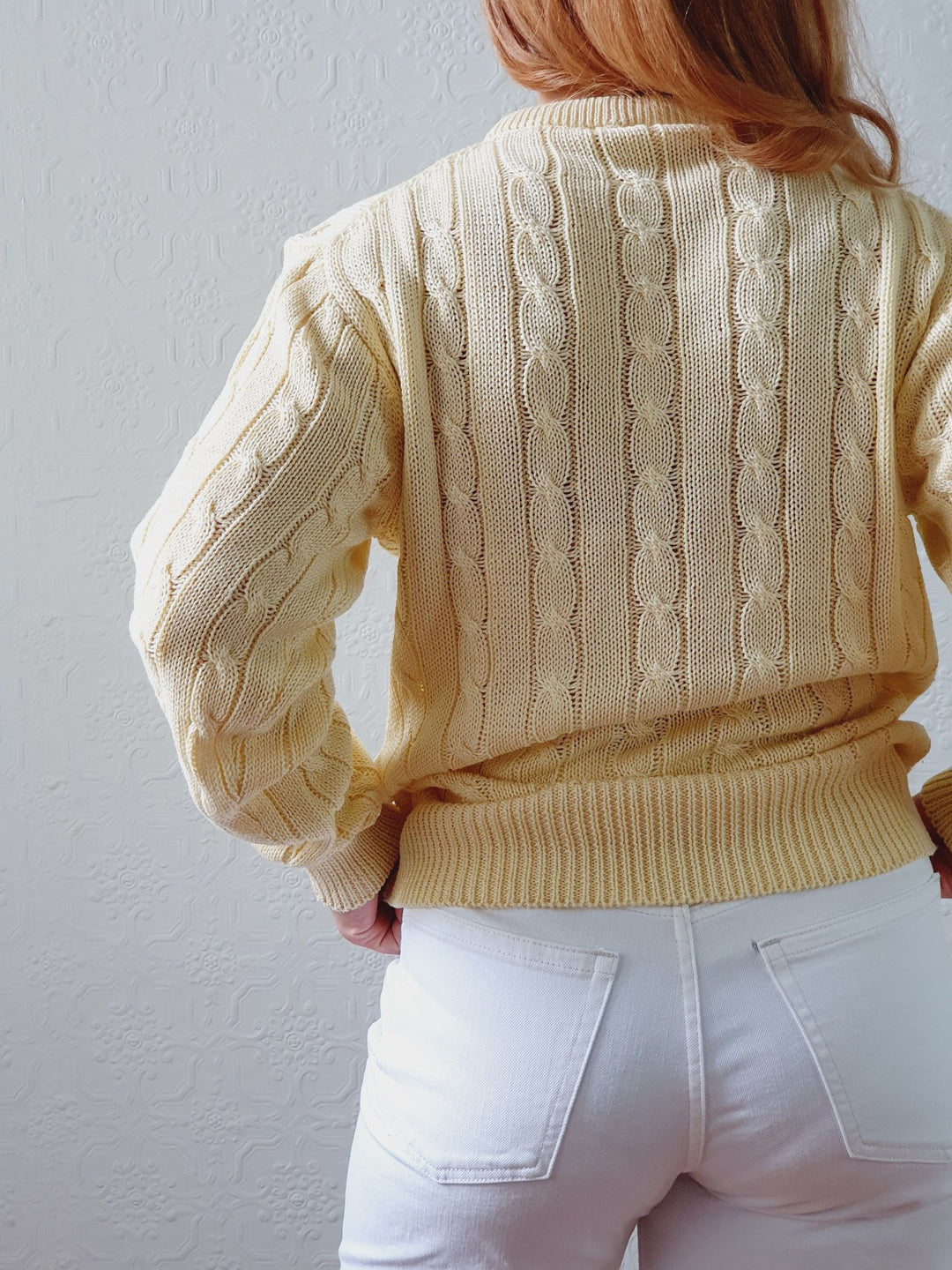 Vintage Pale Yellow Cable Knit Cotton Jumper - M