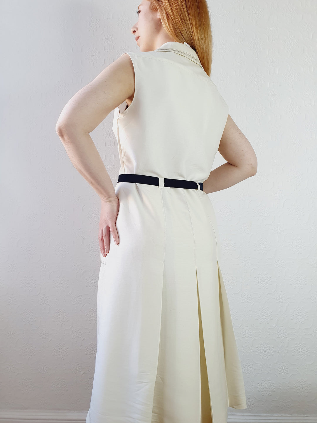 Vintage 70s Front Pleated Silk Blend Midi Dress - M