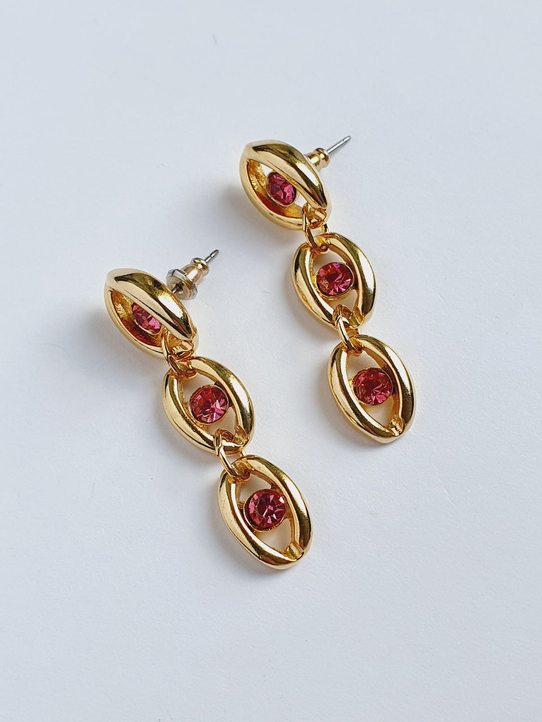 Vintage 80s Gold Plated Drop Earrings with Pink Crystals