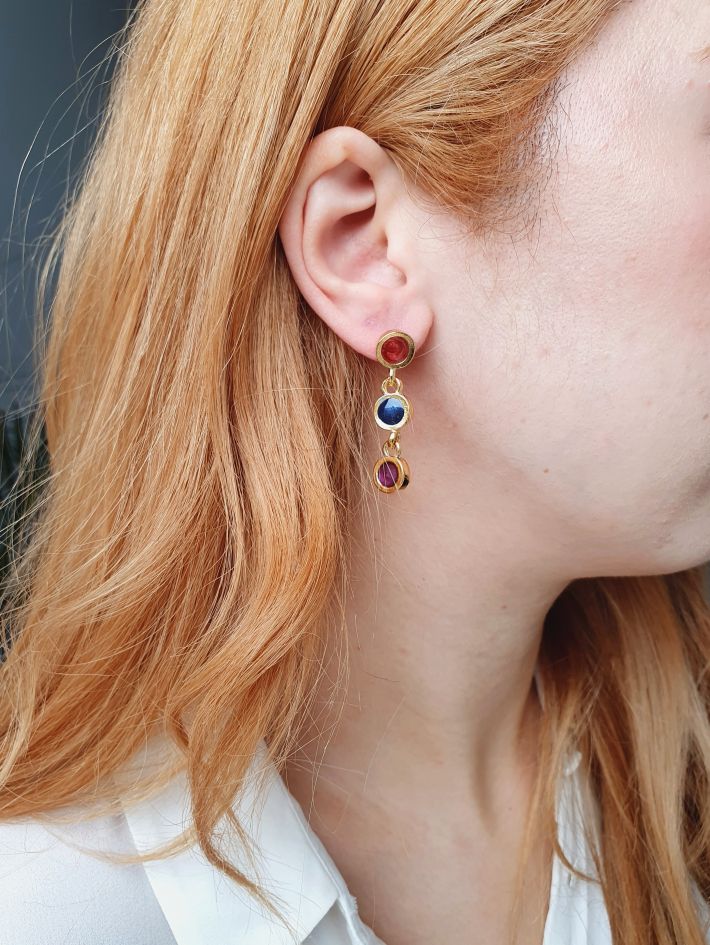 Vintage Gold Plated Drop Earrings with Red, Blue & Purple Enamel