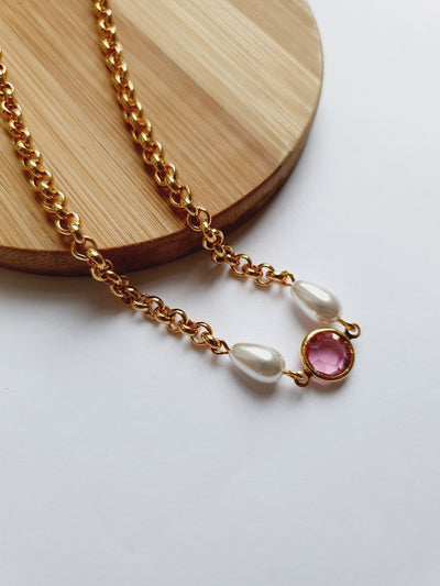 Vintage Gold Plated Chain Necklace with Pearls & Pink Crystal