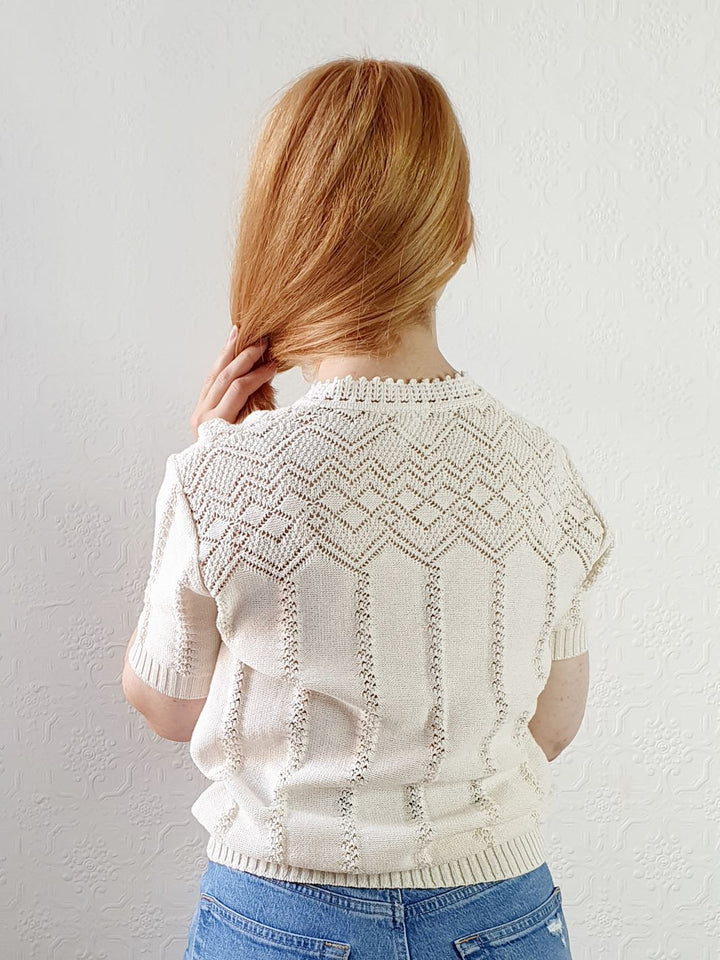 Vintage Crochet Detail Short Sleeve Jumper - M