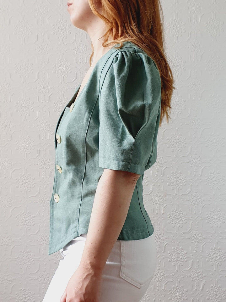 Vintage 80s Muted Green Puff Sleeve Blouse with Square Neckline - M