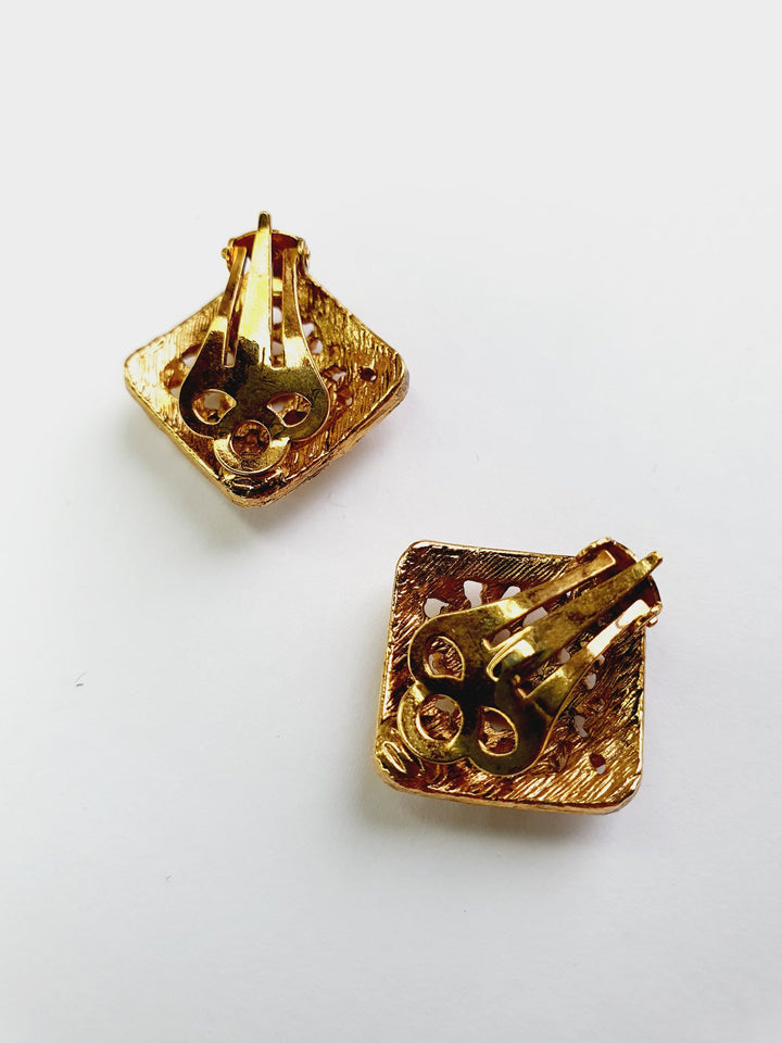 Vintage Gold Plated Square Clip On Earrings