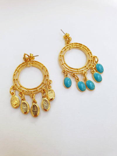 Vintage Gold Plated Boho Drop Earrings with Turquoise Details
