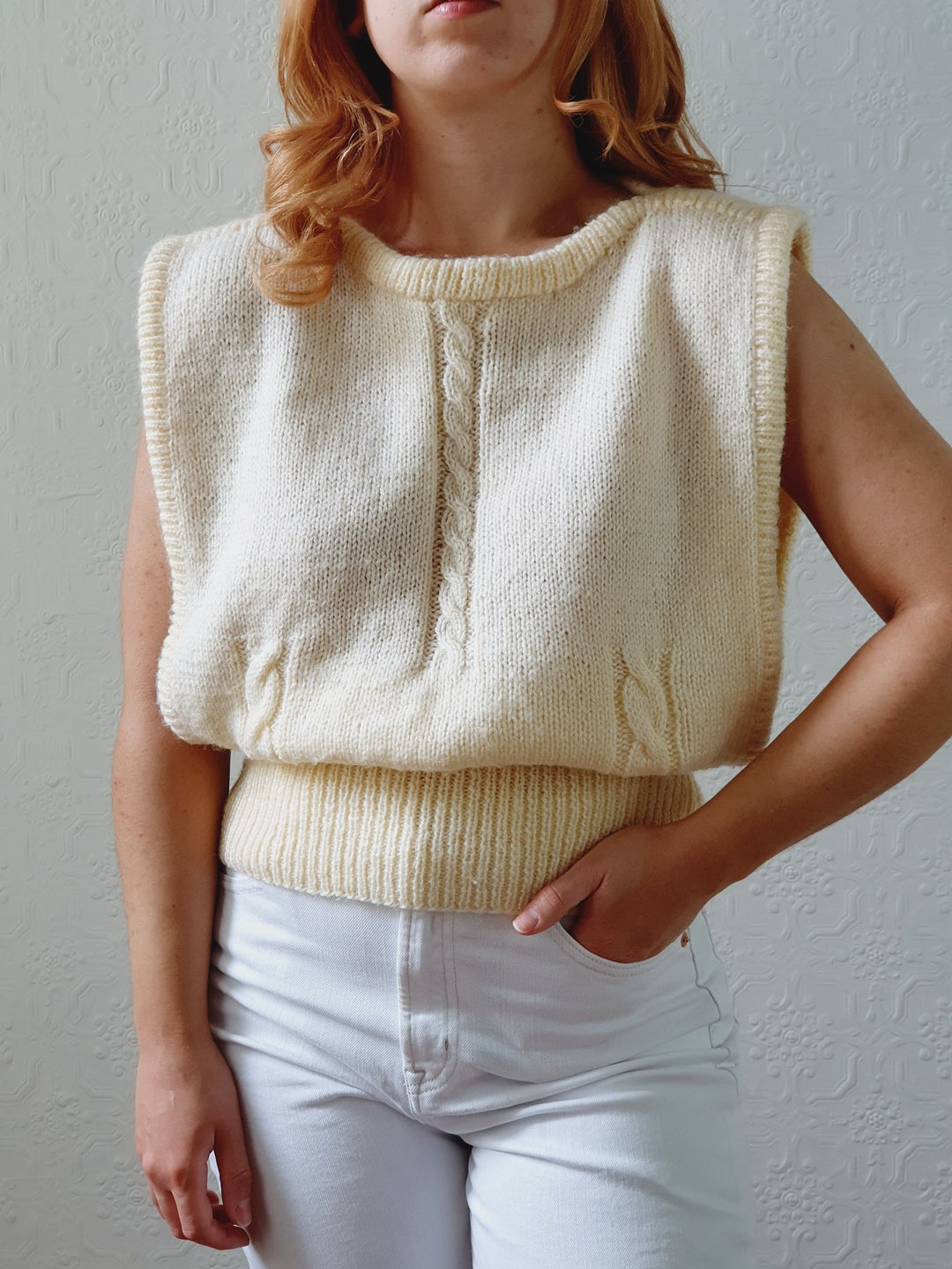 Vintage Cream Handknitted Sleeveless Crew Neck Vest - S/M/L