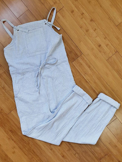Vintage 80s White & Blue Striped Cotton Jumpsuit - XS