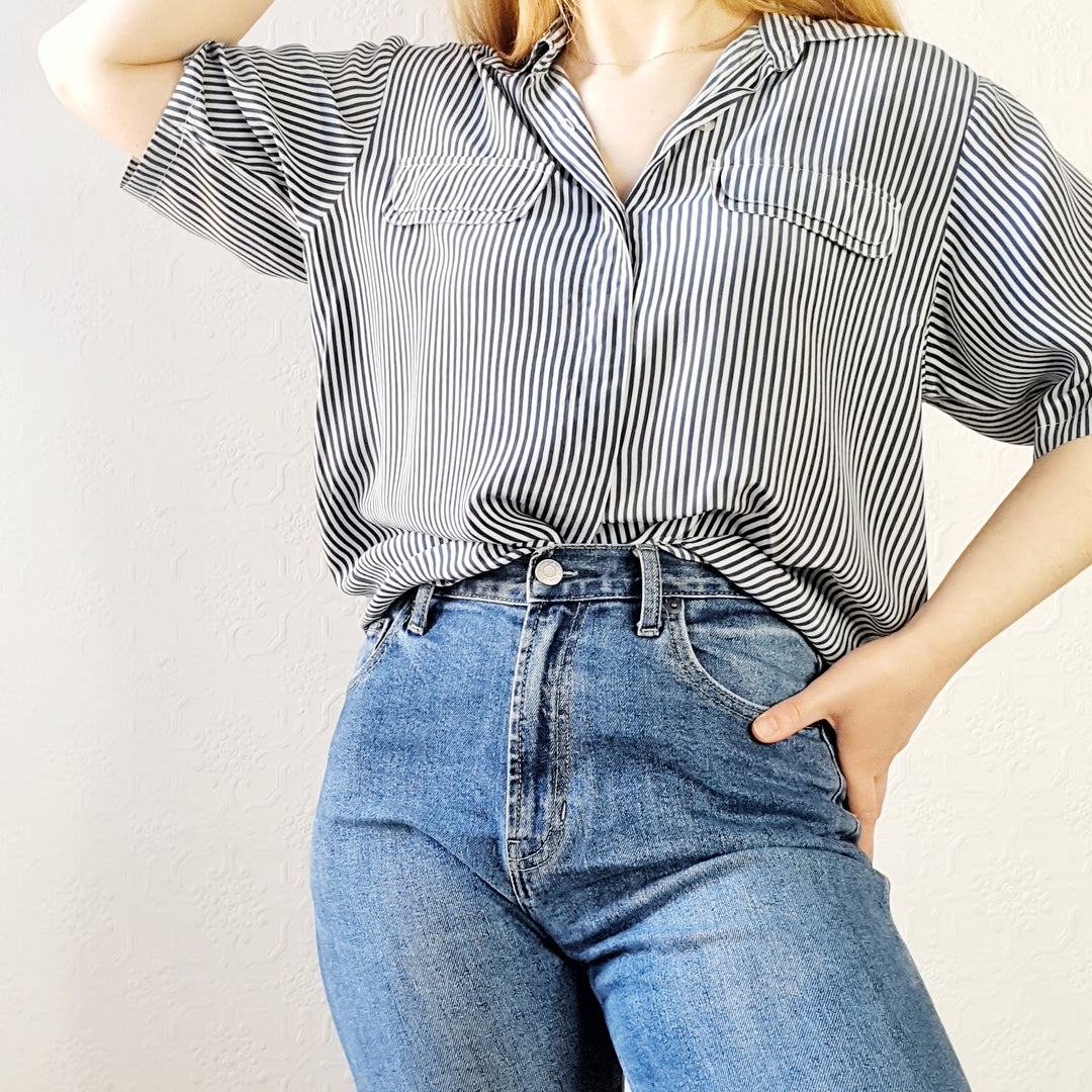 Pure Silk Striped Blouse - L